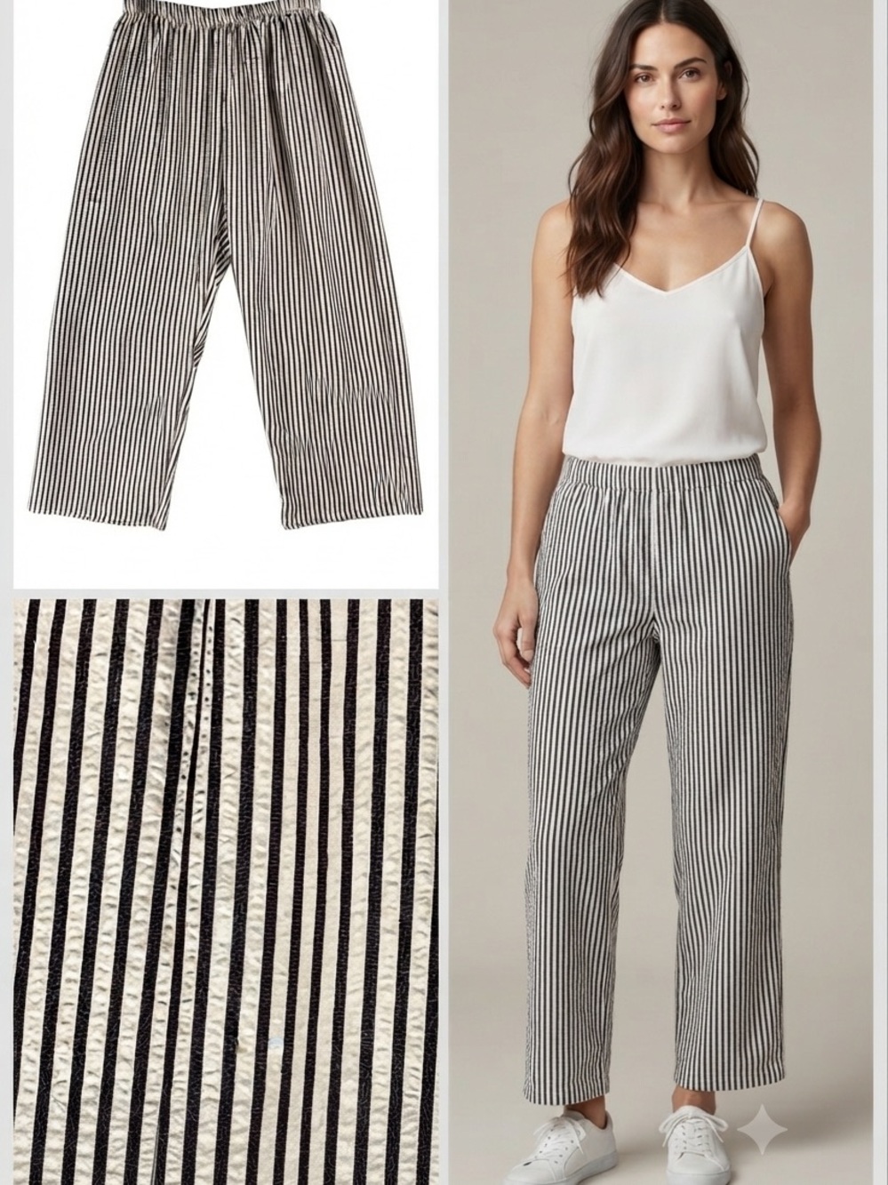 Wide Leg Black White Seersucker Stripe Stretch Waist High Rise Ankle Pants M L